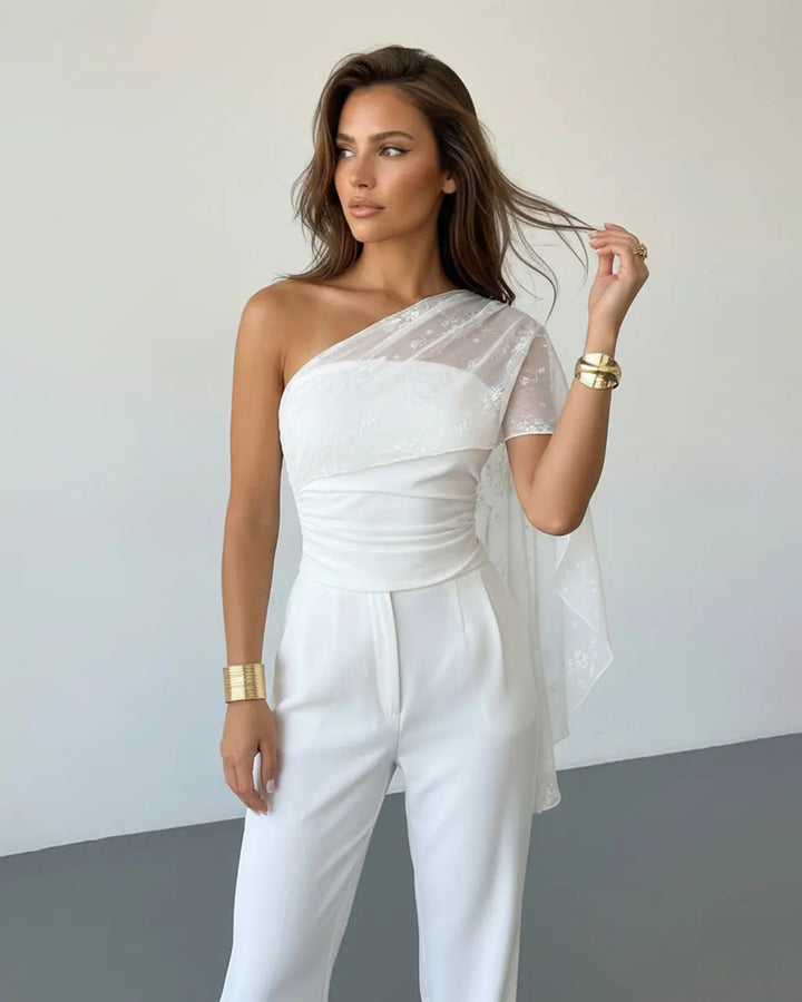 SOLACE  White One Shoulder Floral Lace Overlay Ruched Waist Crop Top 