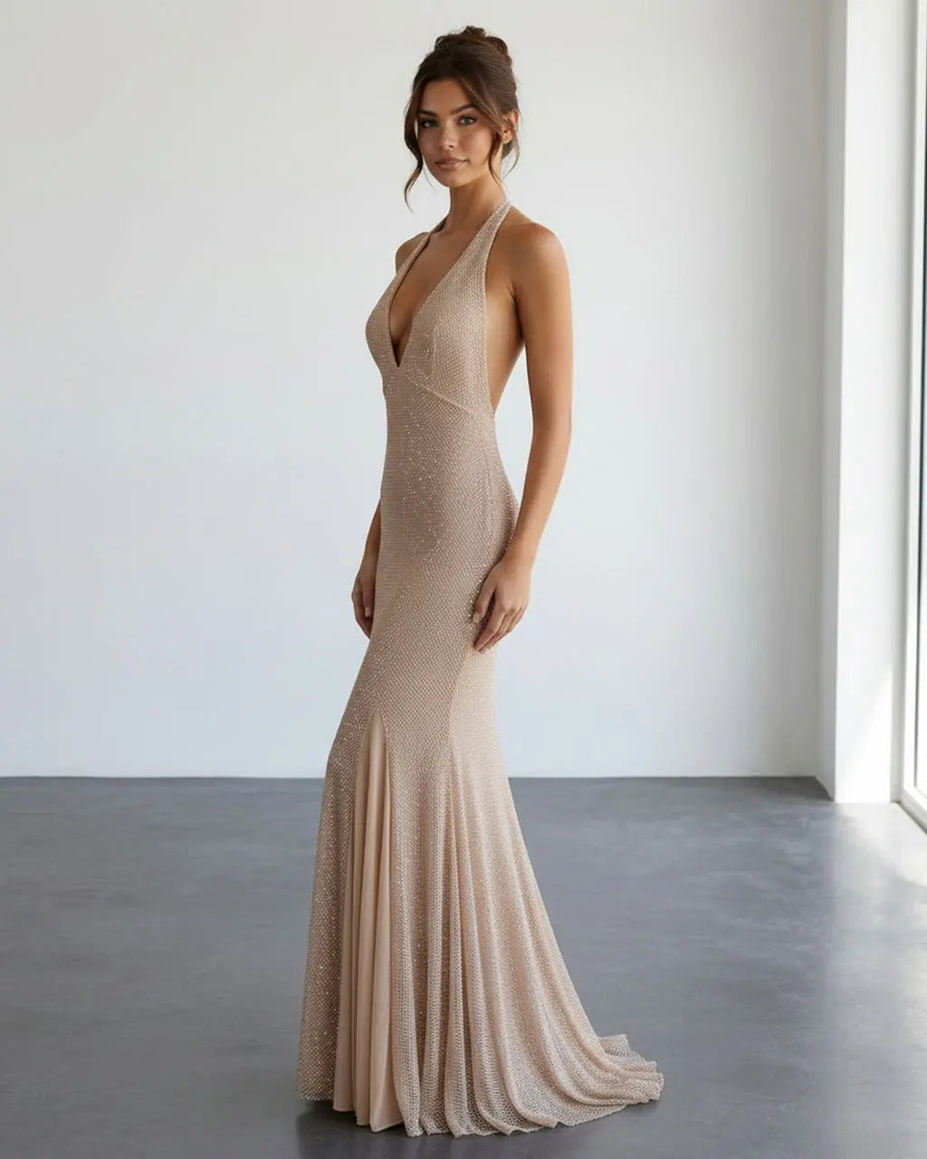 Nude Glam Rhinestone Embellished Mesh Mermaid Evening Maxi Dress SOLACE