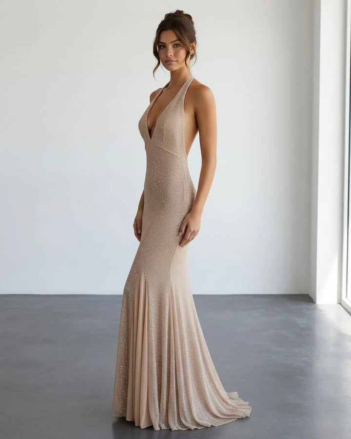 Nude Glam Rhinestone Embellished Mesh Mermaid Evening Maxi Dress SOLACE