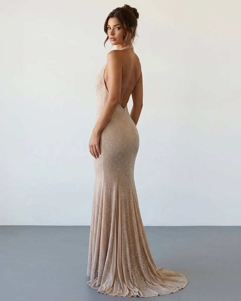 Nude Glam Rhinestone Embellished Mesh Mermaid Evening Maxi Dress SOLACE