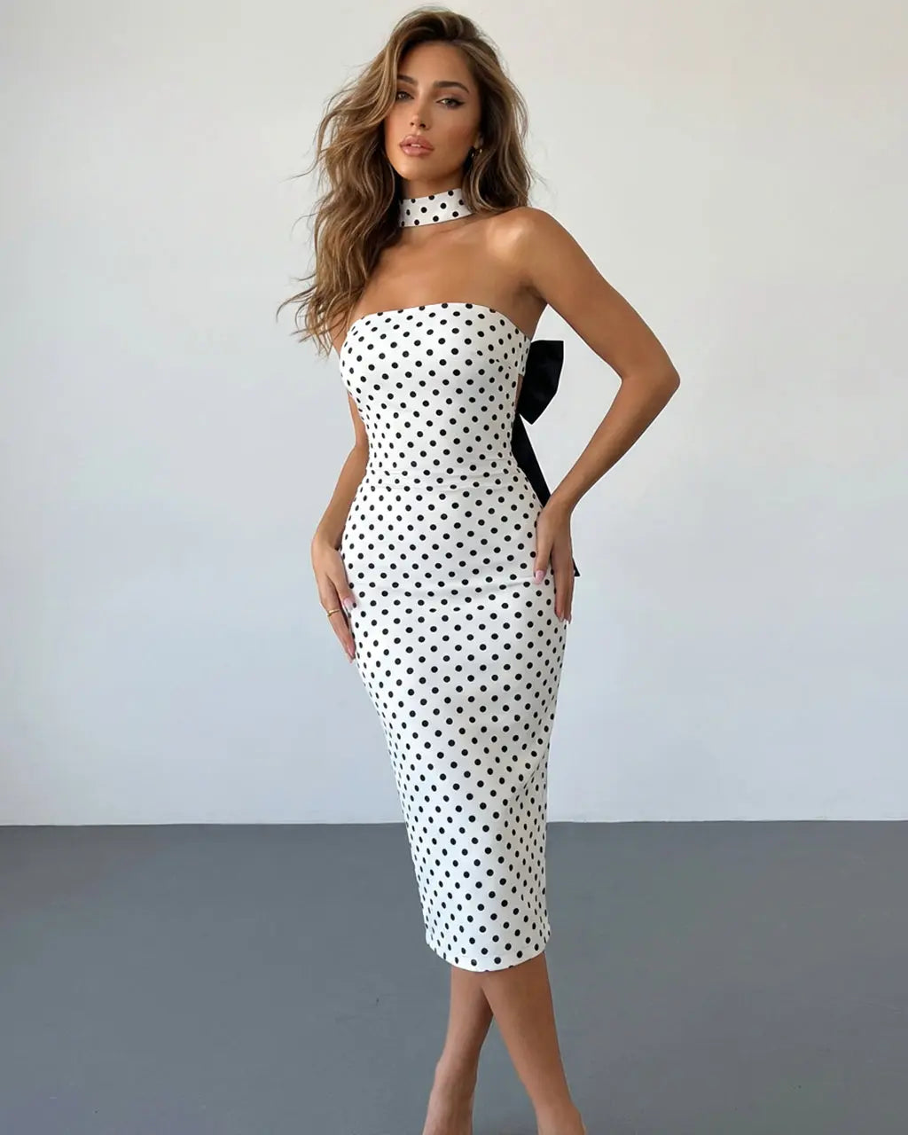 Polka Dot Strapless Choker Neck Bodycon Midi Dress with Bow SOLACE