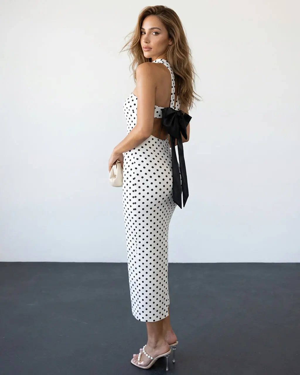 Polka Dot Strapless Choker Neck Bodycon Midi Dress with Bow SOLACE