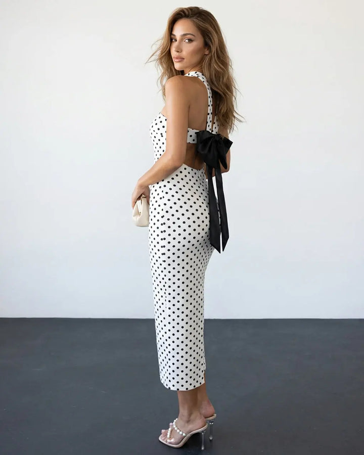 Polka Dot Strapless Choker Neck Bodycon Midi Dress with Bow SOLACE