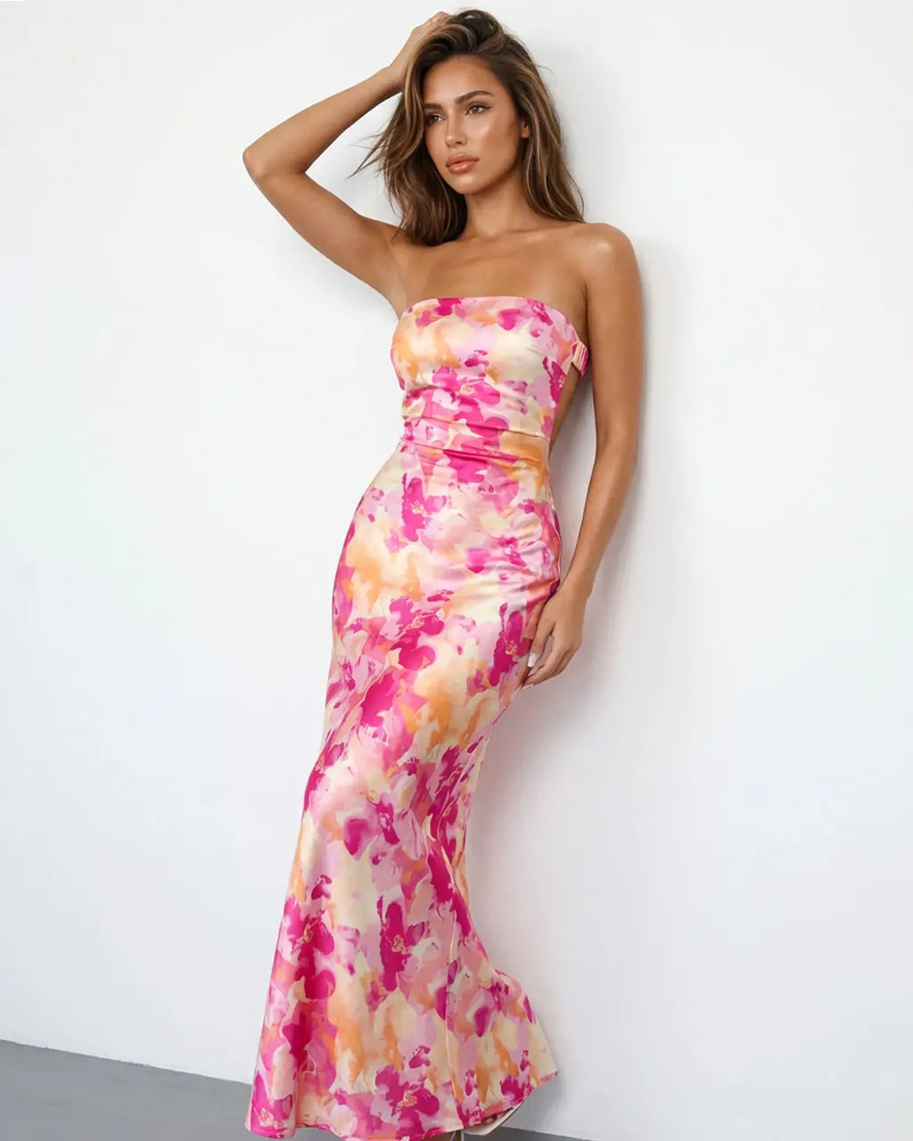 Pink Orange Floral Print Strapless Satin Mermaid Maxi Dress SOLACE