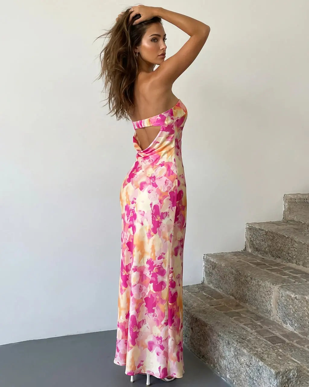 Pink Orange Floral Print Strapless Satin Mermaid Maxi Dress SOLACE