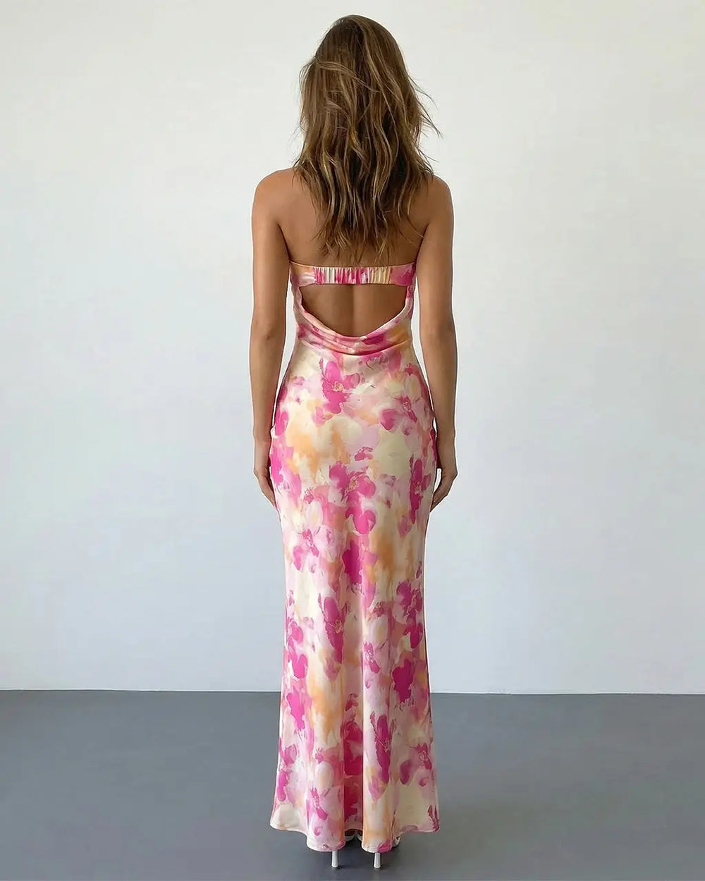 Pink Orange Floral Print Strapless Satin Mermaid Maxi Dress SOLACE