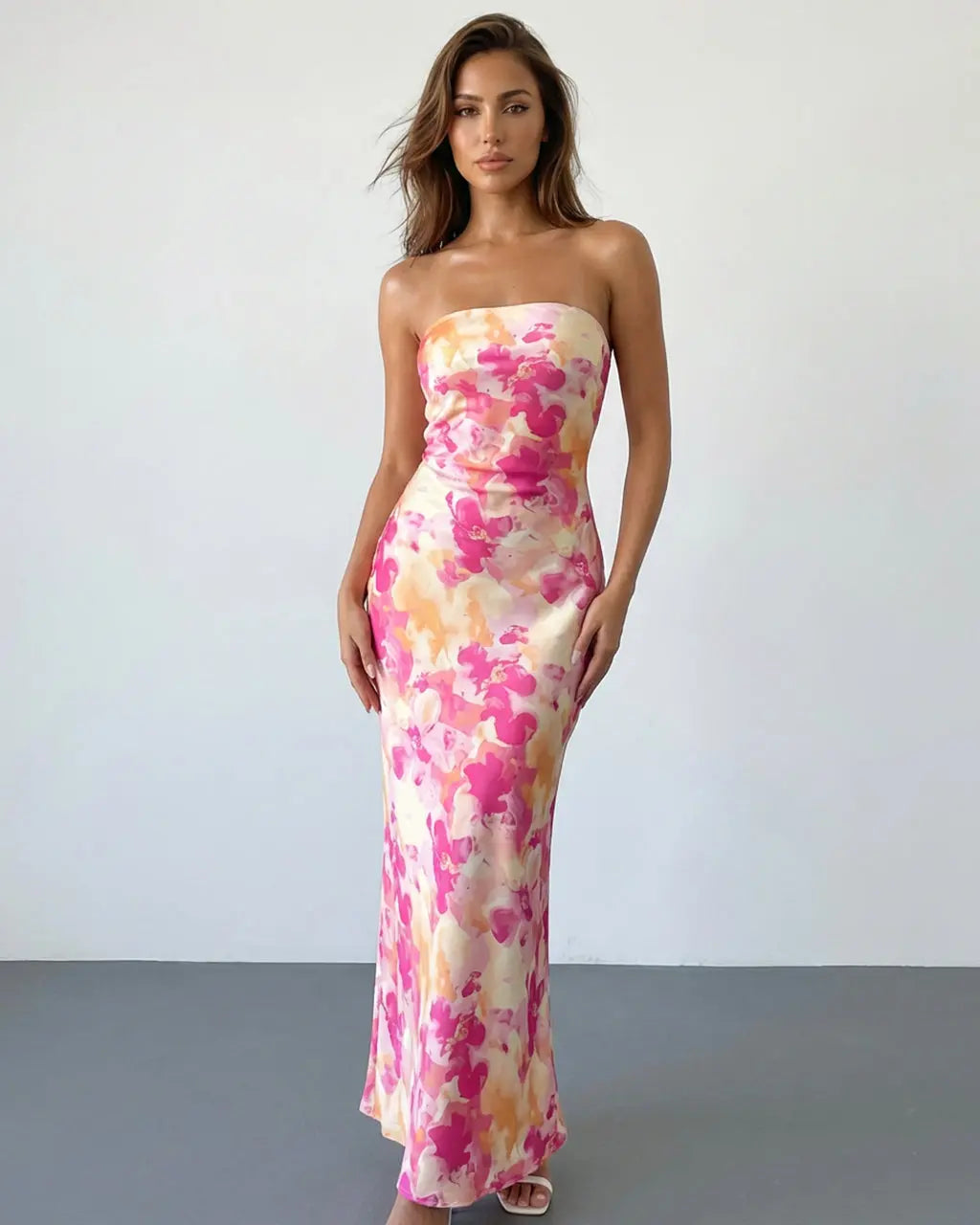 Pink Orange Floral Print Strapless Satin Mermaid Maxi Dress SOLACE