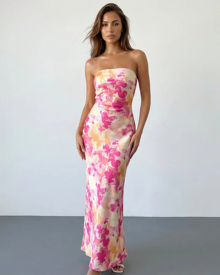Pink Orange Floral Print Strapless Satin Mermaid Maxi Dress SOLACE