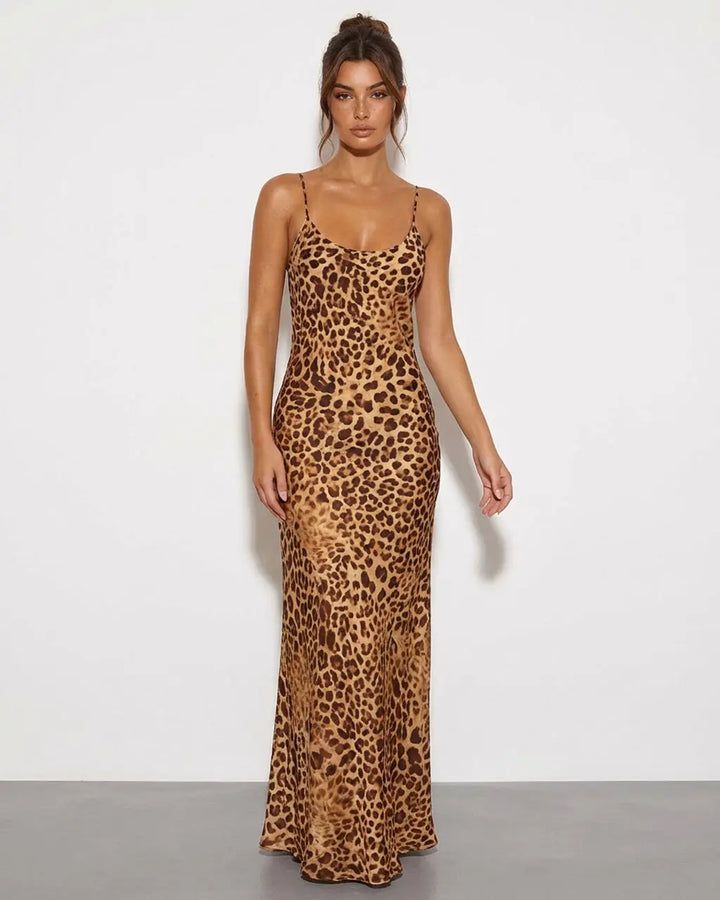 Leopard Print Bias Cut Cowl Neck Sleeveless Maxi Party Dress SOLACE