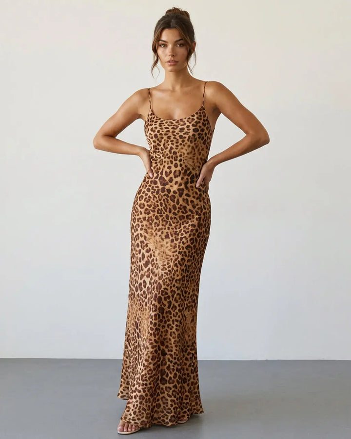 Leopard Print Bias Cut Cowl Neck Sleeveless Maxi Party Dress SOLACE