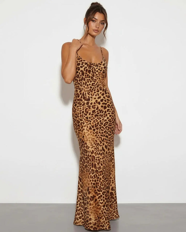 Leopard Print Bias Cut Cowl Neck Sleeveless Maxi Party Dress SOLACE