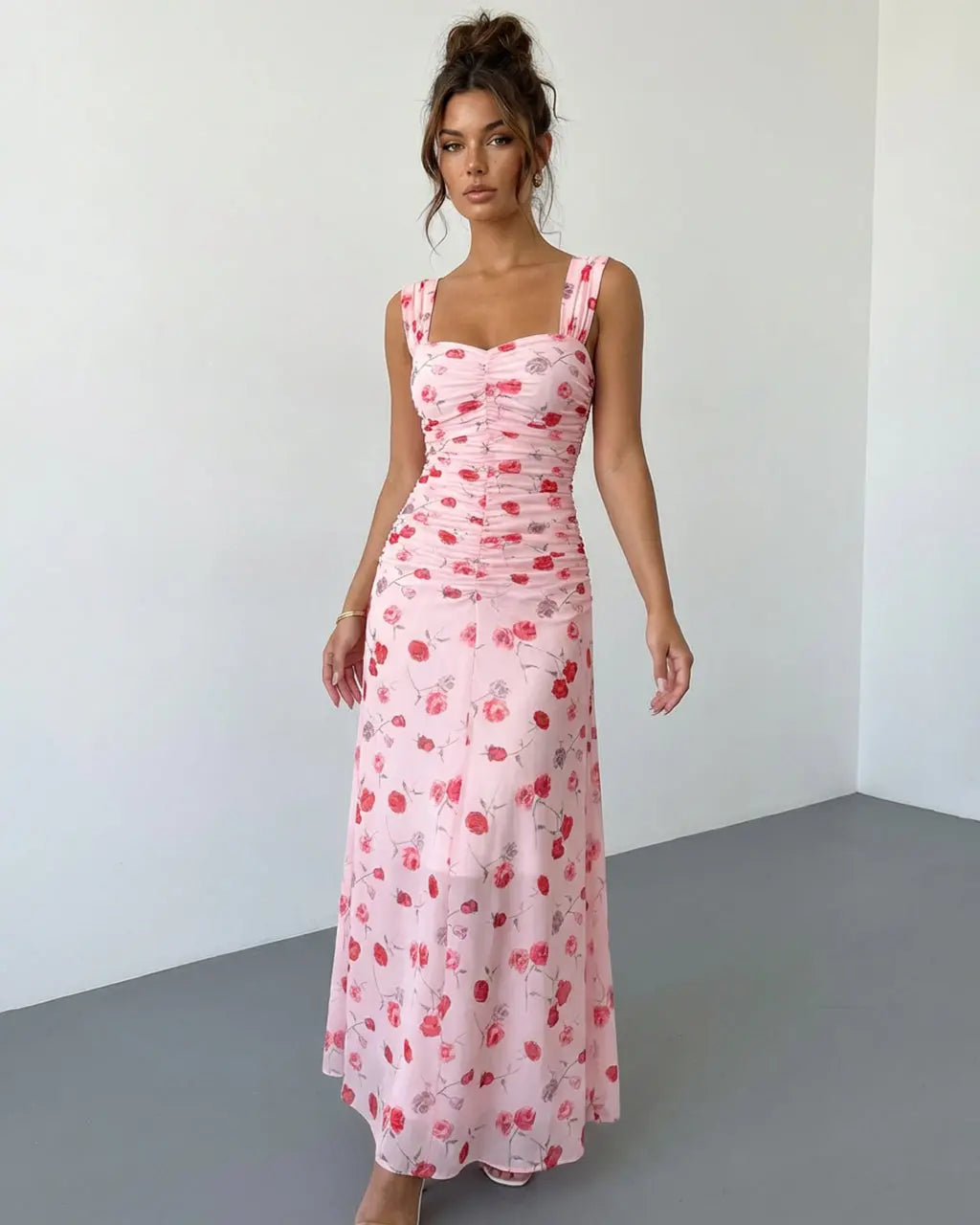Pink Red Rose Print Ruched Bust Wide Strap Maxi Dress SOLACE
