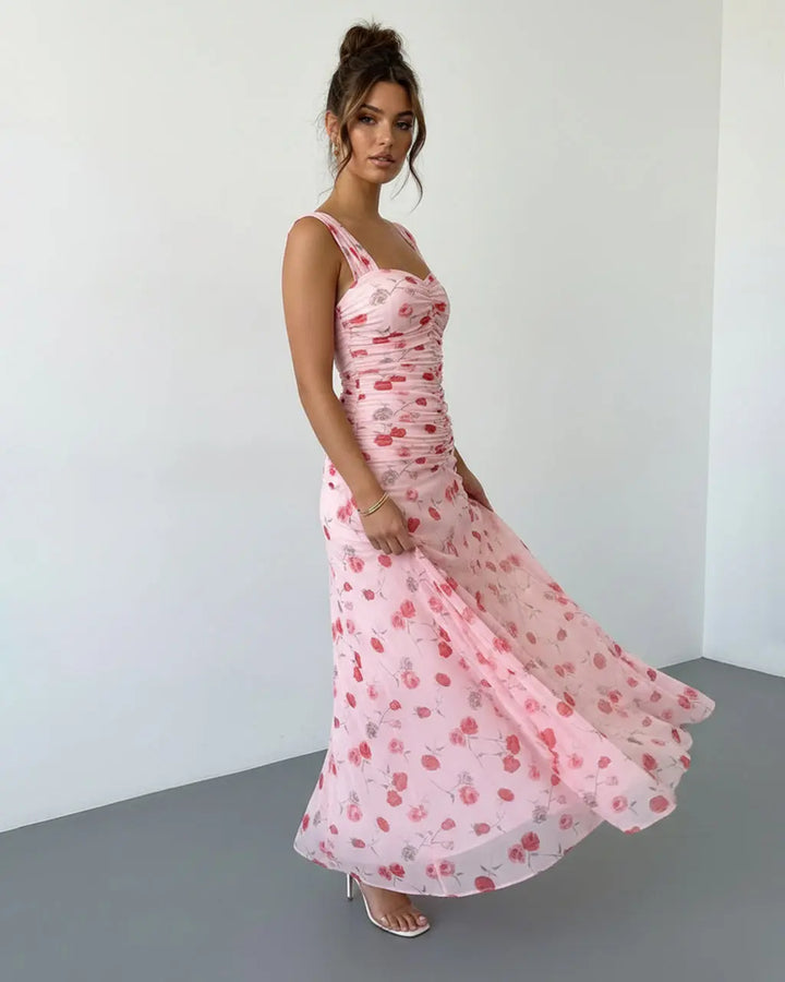 Pink Red Rose Print Ruched Bust Wide Strap Maxi Dress SOLACE