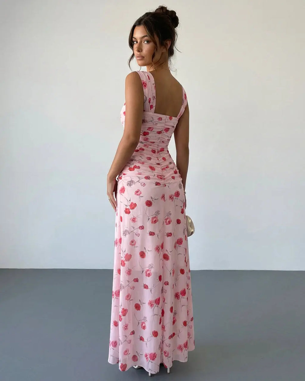 Pink Red Rose Print Ruched Bust Wide Strap Maxi Dress SOLACE