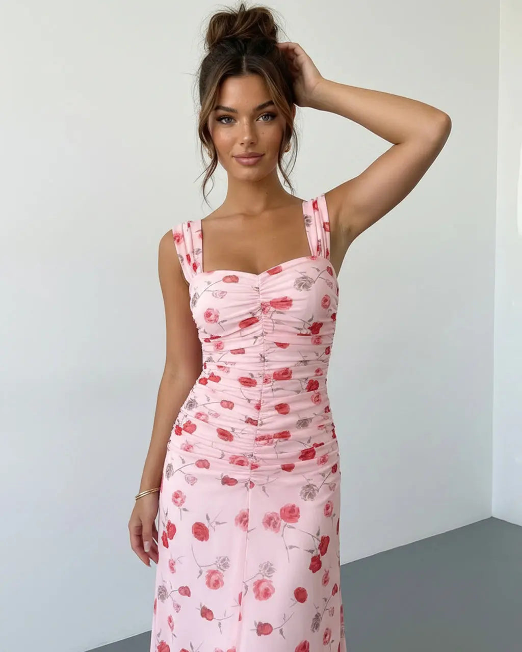 Pink Red Rose Print Ruched Bust Wide Strap Maxi Dress SOLACE