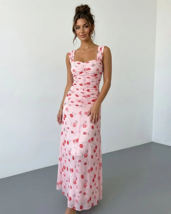 Pink Red Rose Print Ruched Bust Wide Strap Maxi Dress SOLACE