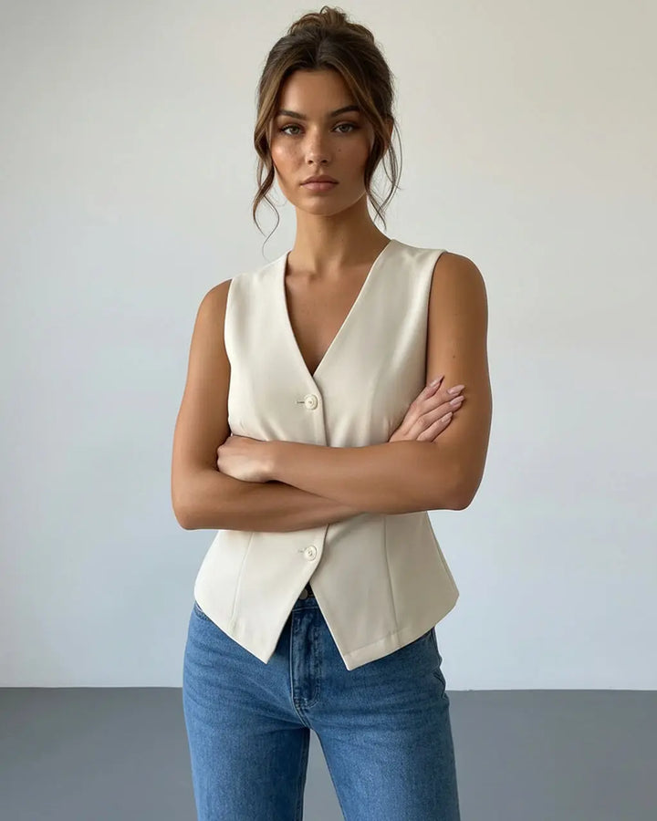 Cream White V-Neck Tailored Waistcoat Vest Sleeveless Top SOLACE