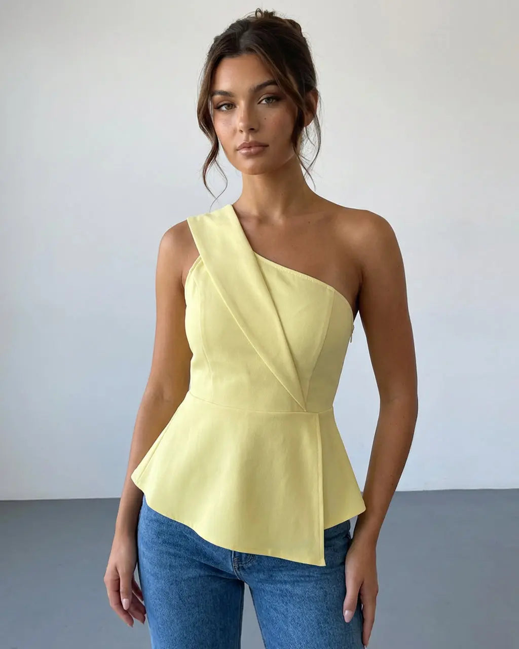 Buttery Yellow One Shoulder Wrap Sleeveless Peplum Top SOLACE