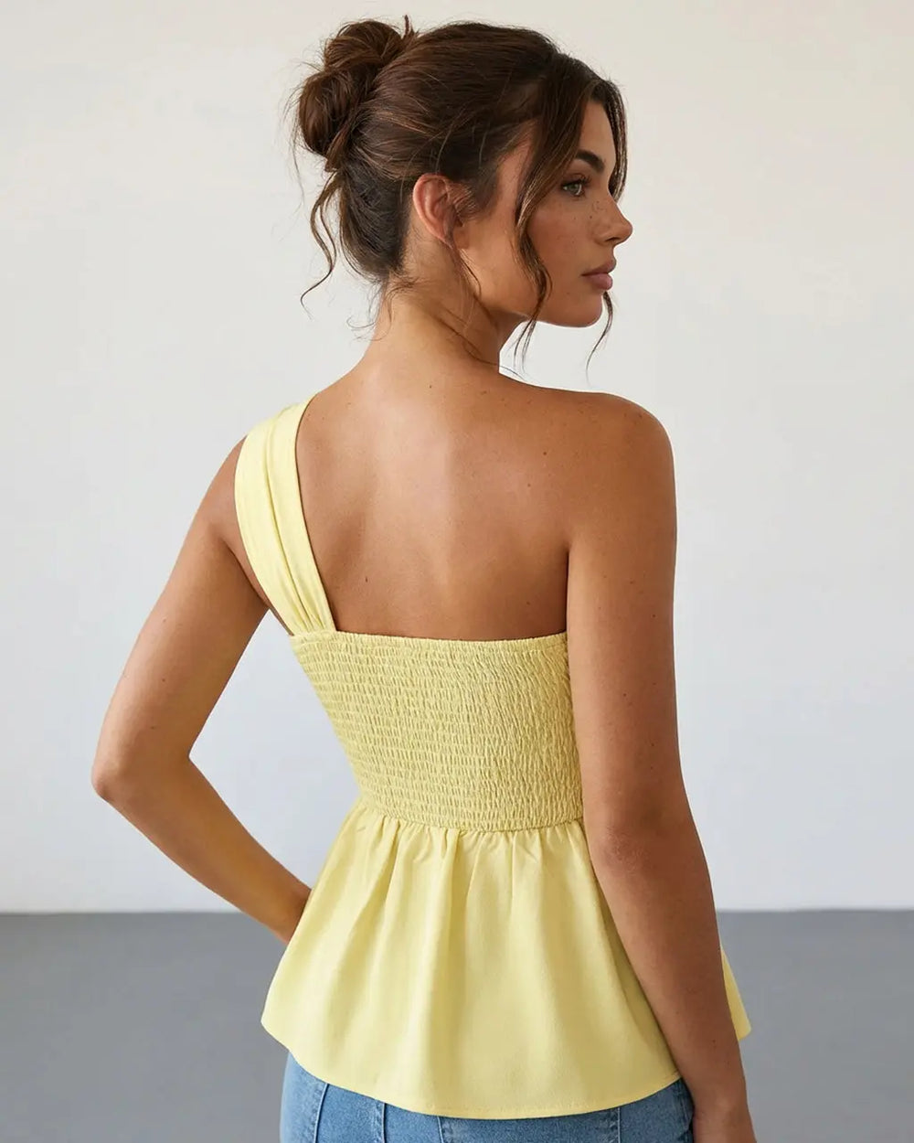 Buttery Yellow One Shoulder Wrap Sleeveless Peplum Top SOLACE