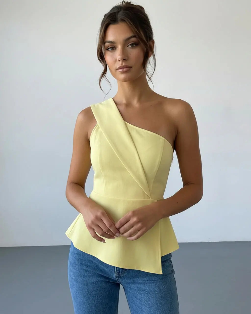 Buttery Yellow One Shoulder Wrap Sleeveless Peplum Top SOLACE