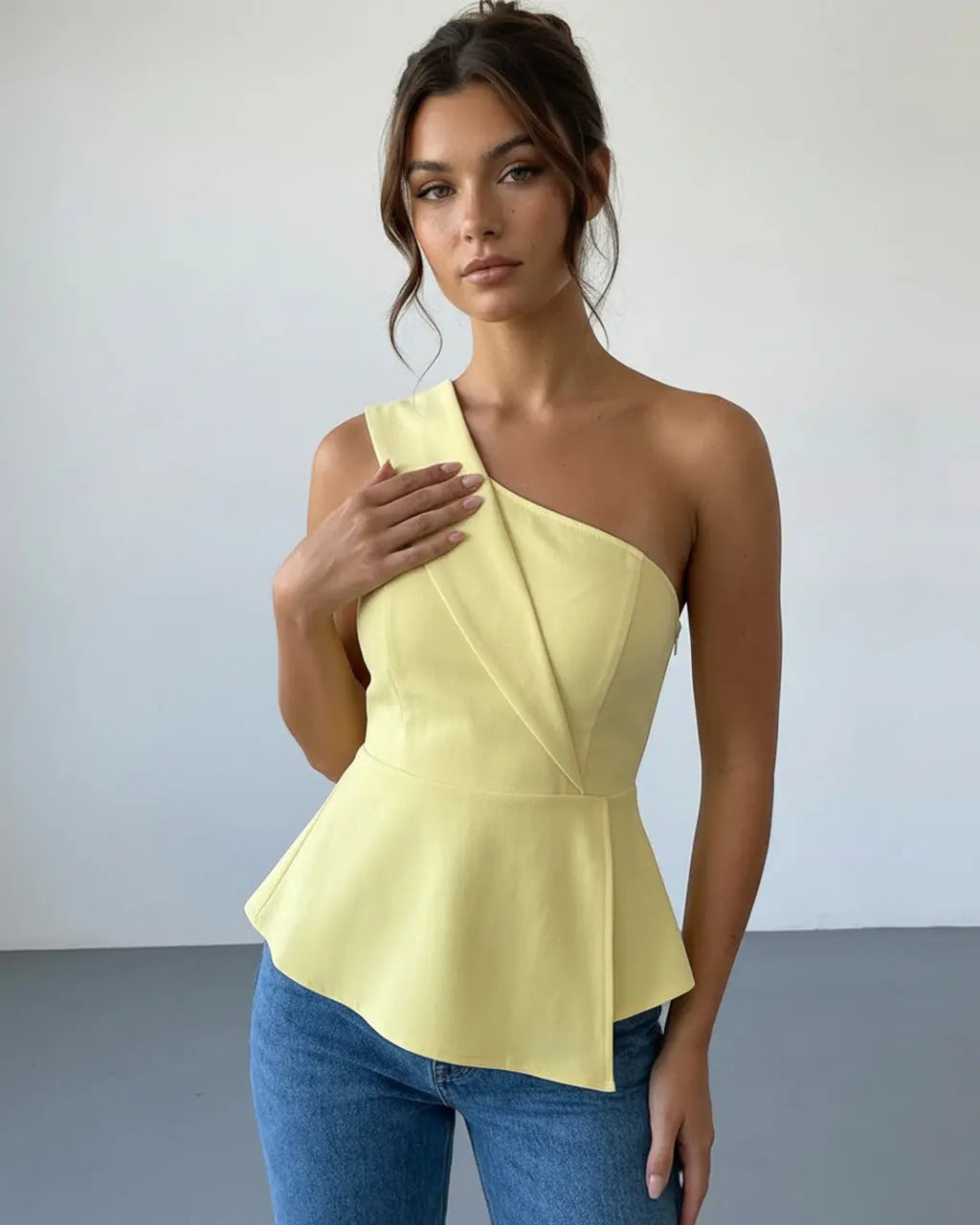 Buttery Yellow One Shoulder Wrap Sleeveless Peplum Top SOLACE