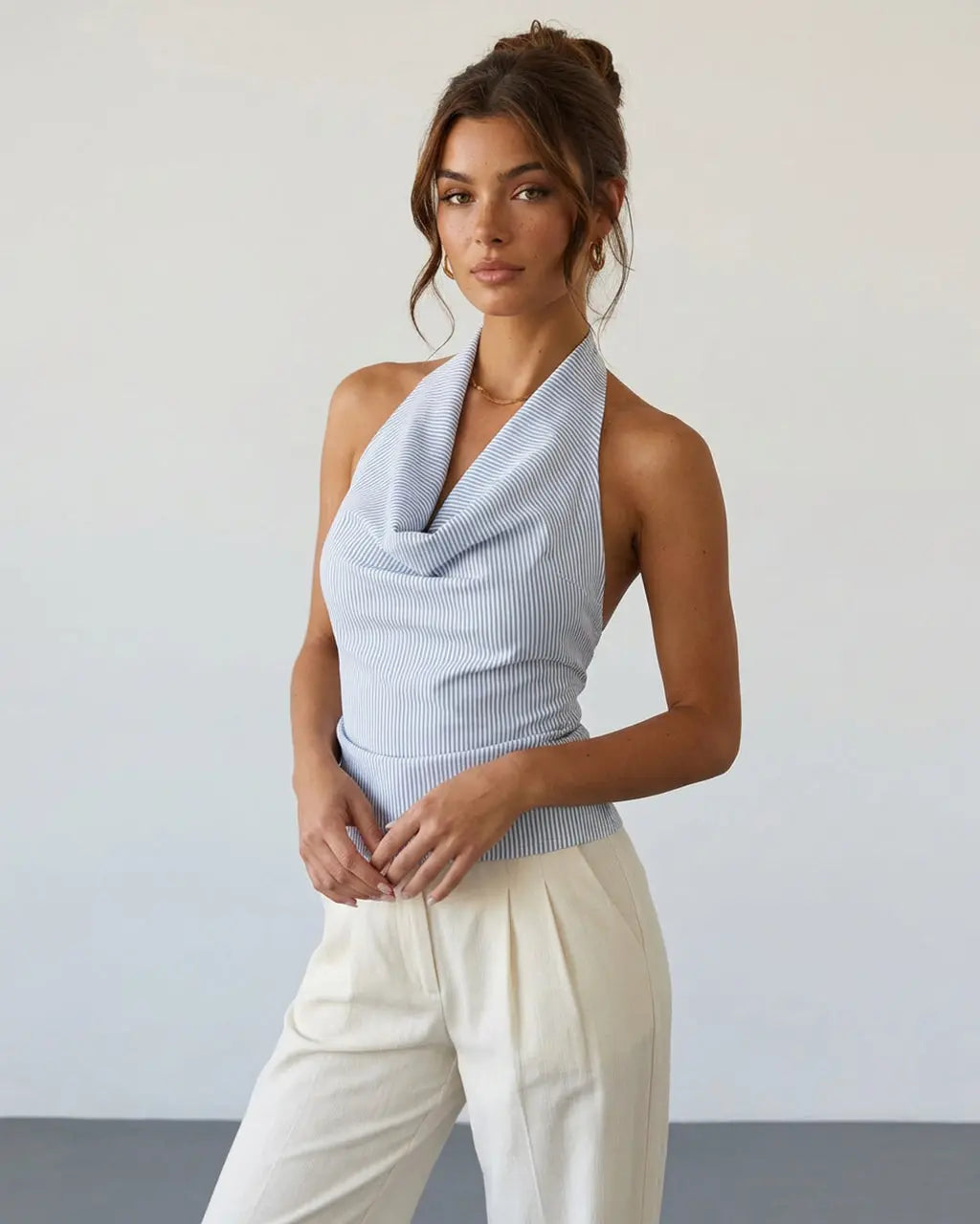 SOLACE  Blue White Striped Cowl Neck Textured Slim Fit Cropped Top 