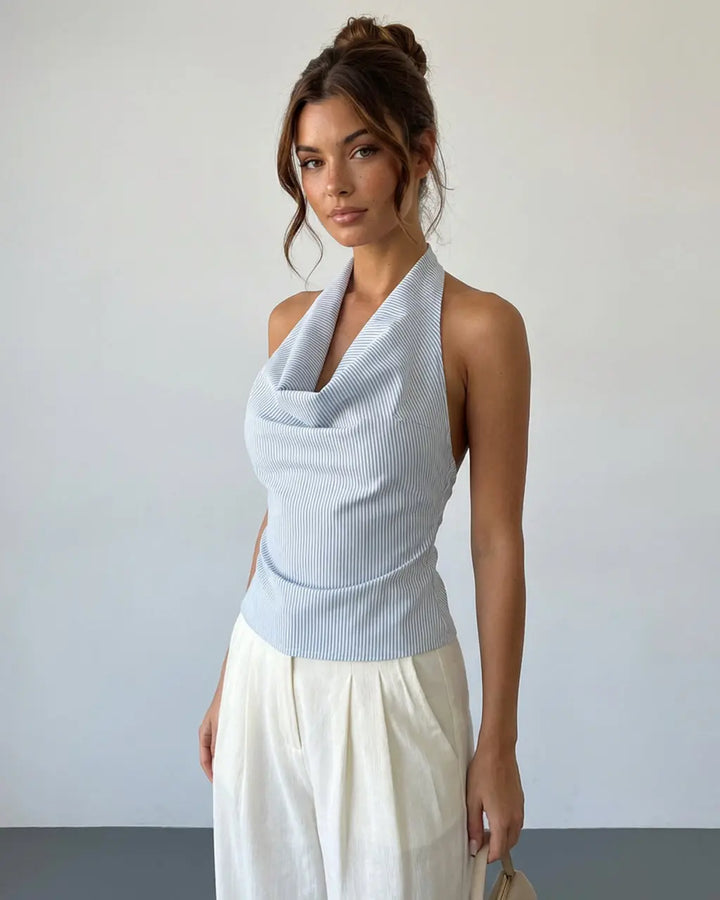 SOLACE  Blue White Striped Cowl Neck Textured Slim Fit Cropped Top 