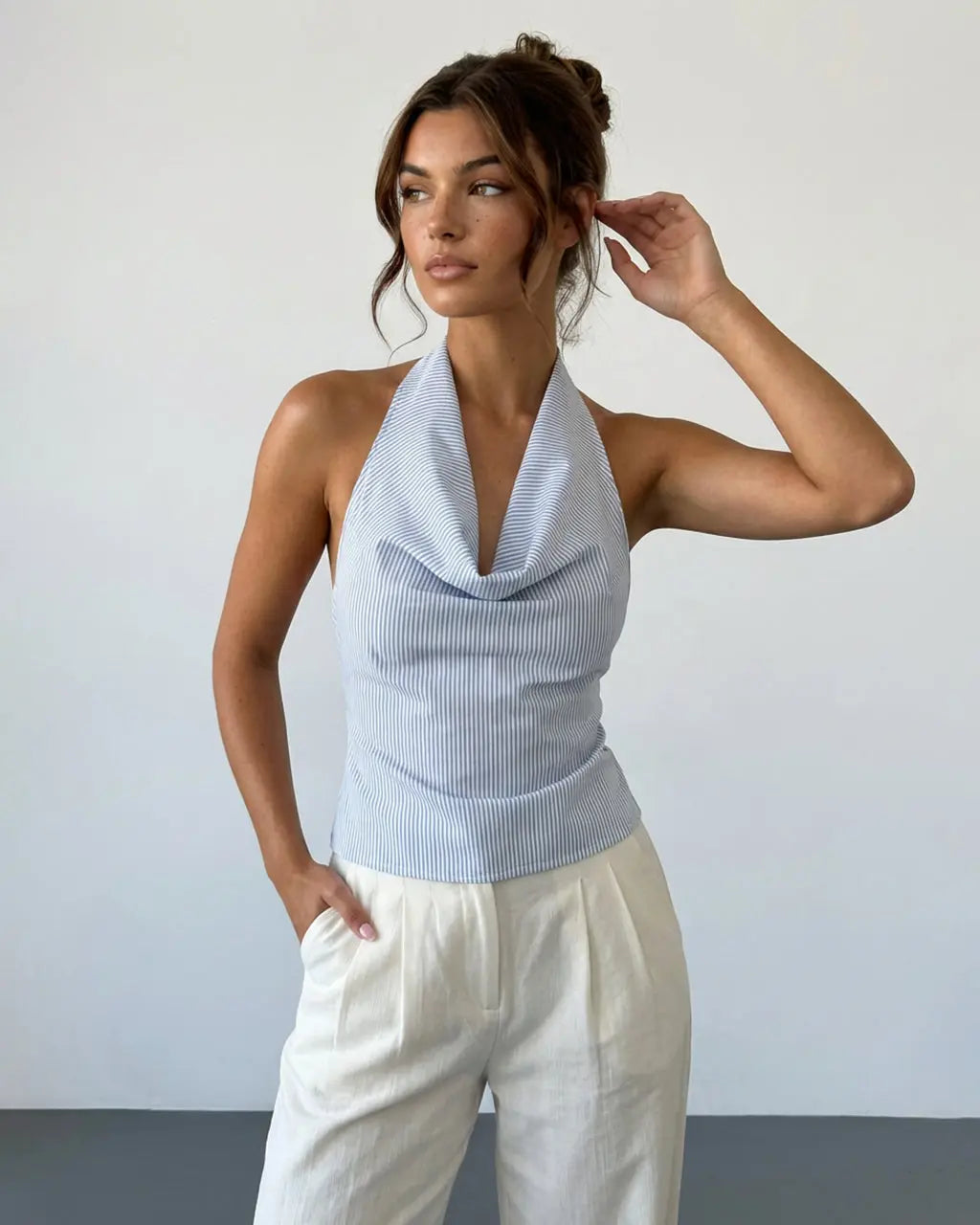 SOLACE  Blue White Striped Cowl Neck Textured Slim Fit Cropped Top 