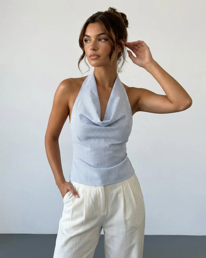 SOLACE  Blue White Striped Cowl Neck Textured Slim Fit Cropped Top 