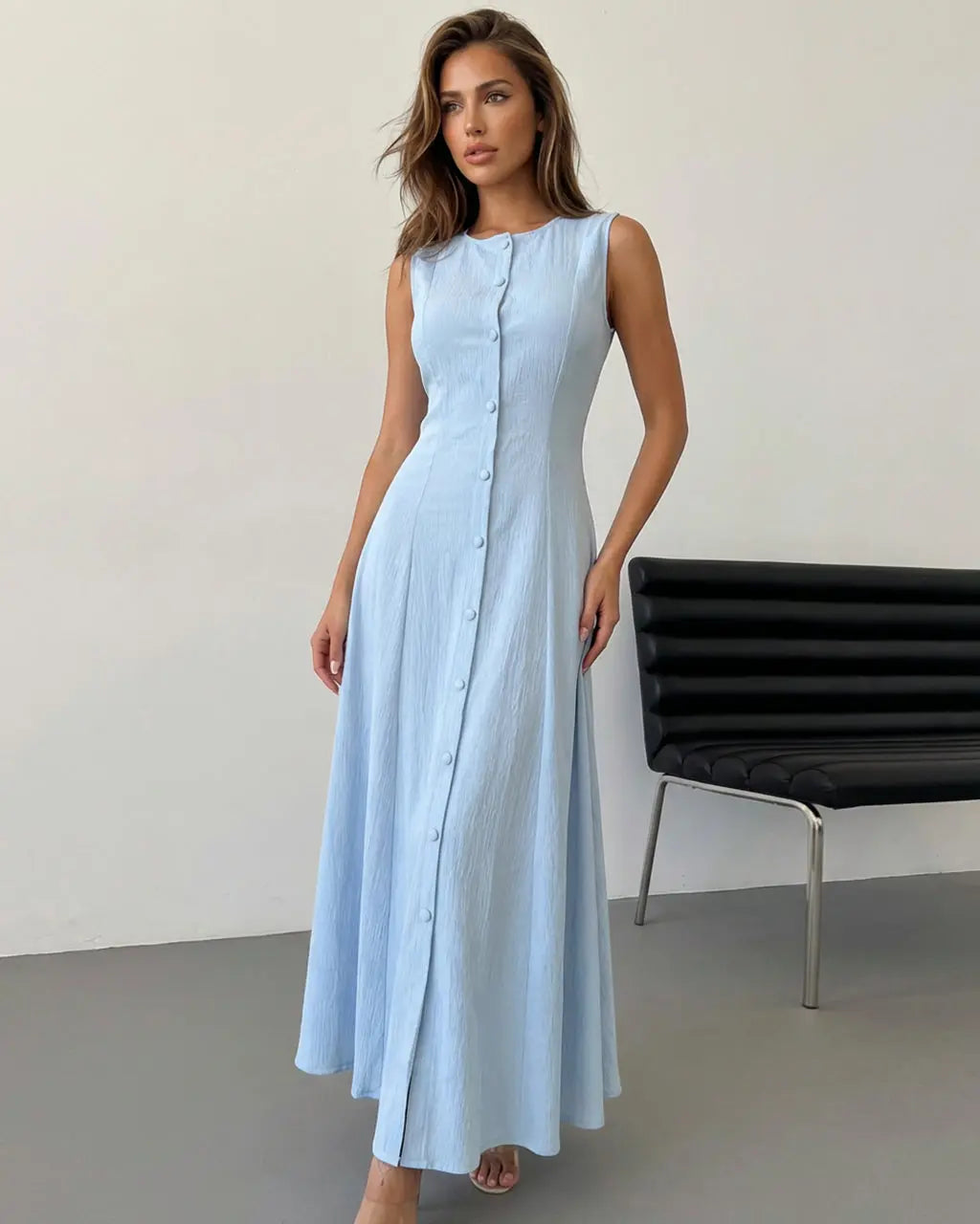 Light Blue Button Front Sleeveless A Line Maxi Dress SOLACE