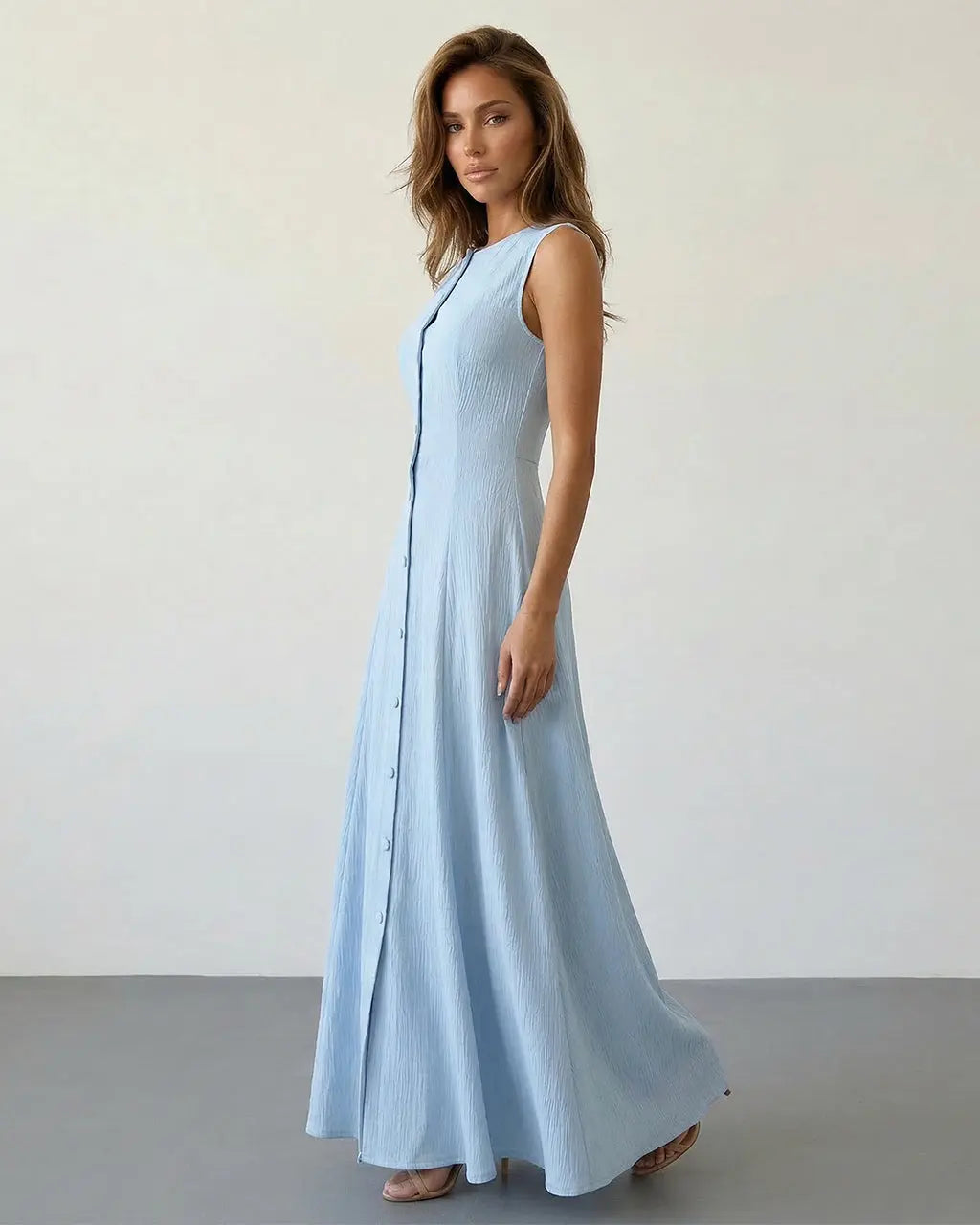 Light Blue Button Front Sleeveless A Line Maxi Dress SOLACE