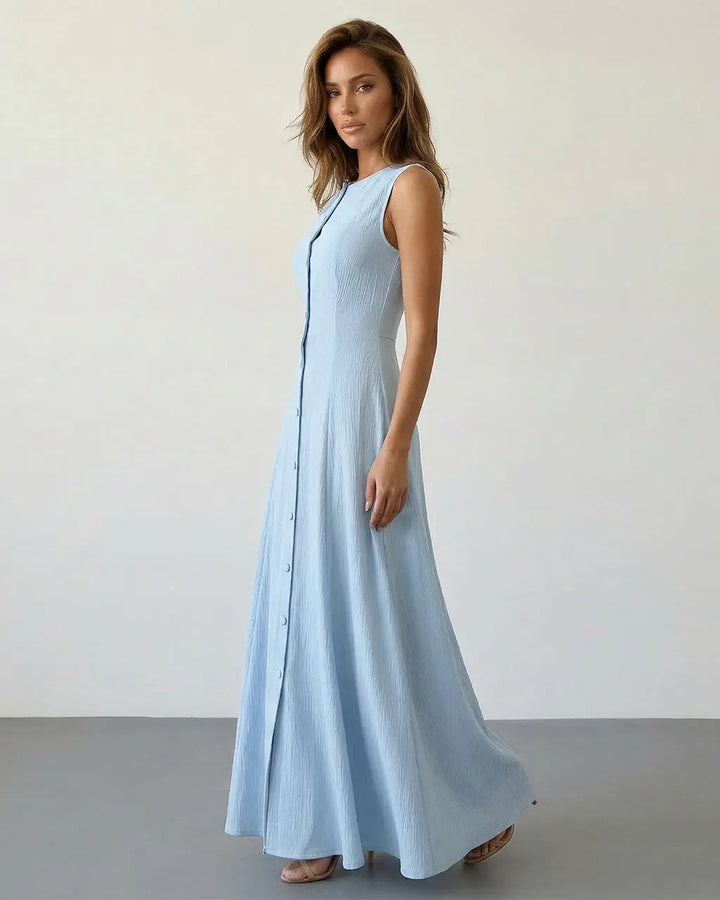 Light Blue Button Front Sleeveless A Line Maxi Dress SOLACE