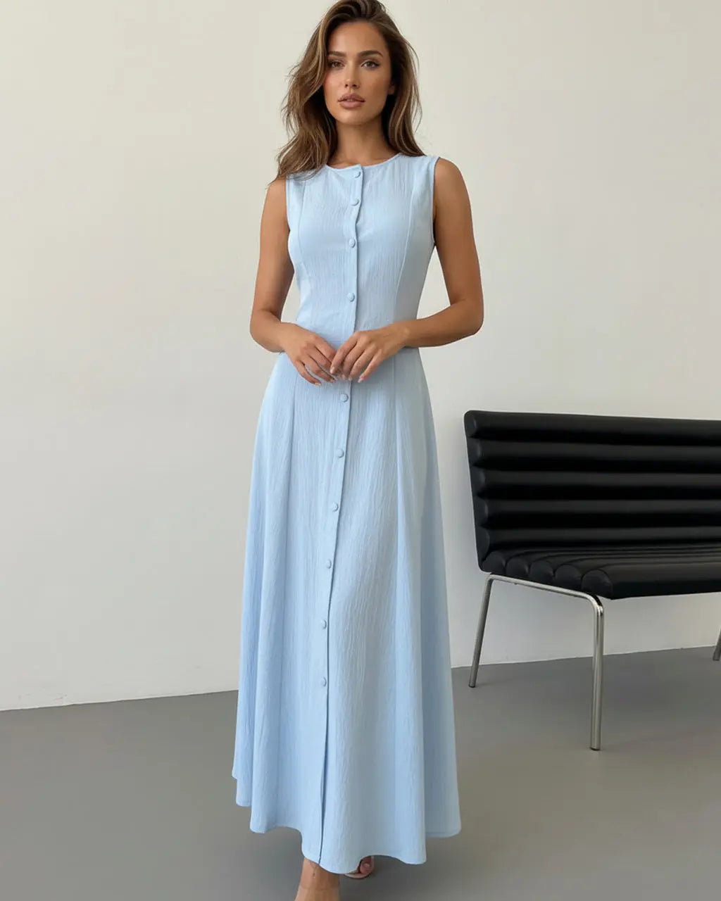 Light Blue Button Front Sleeveless A Line Maxi Dress SOLACE