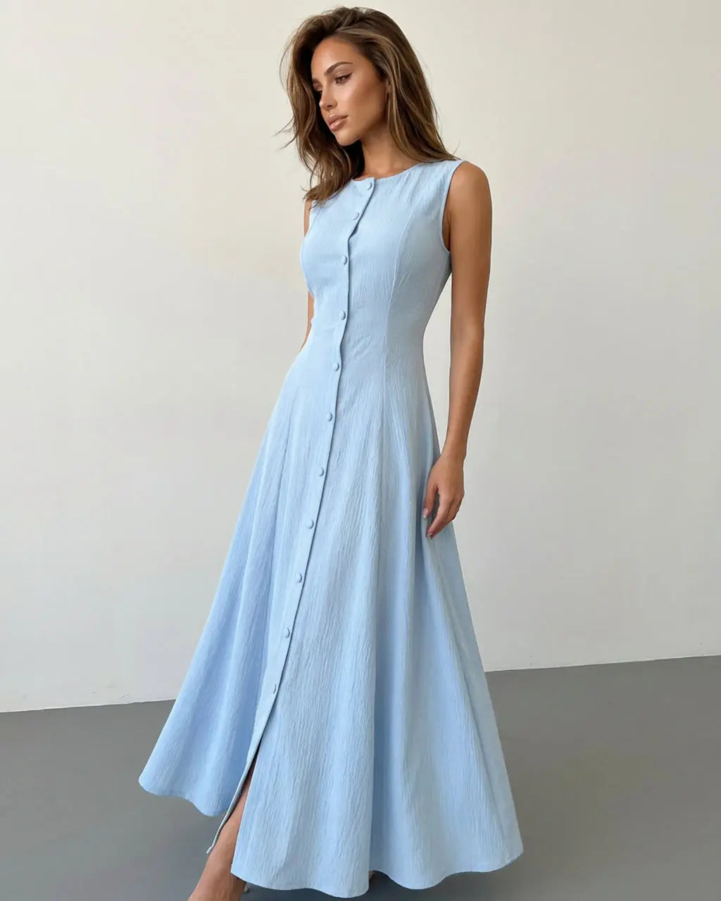 Light Blue Button Front Sleeveless A Line Maxi Dress SOLACE