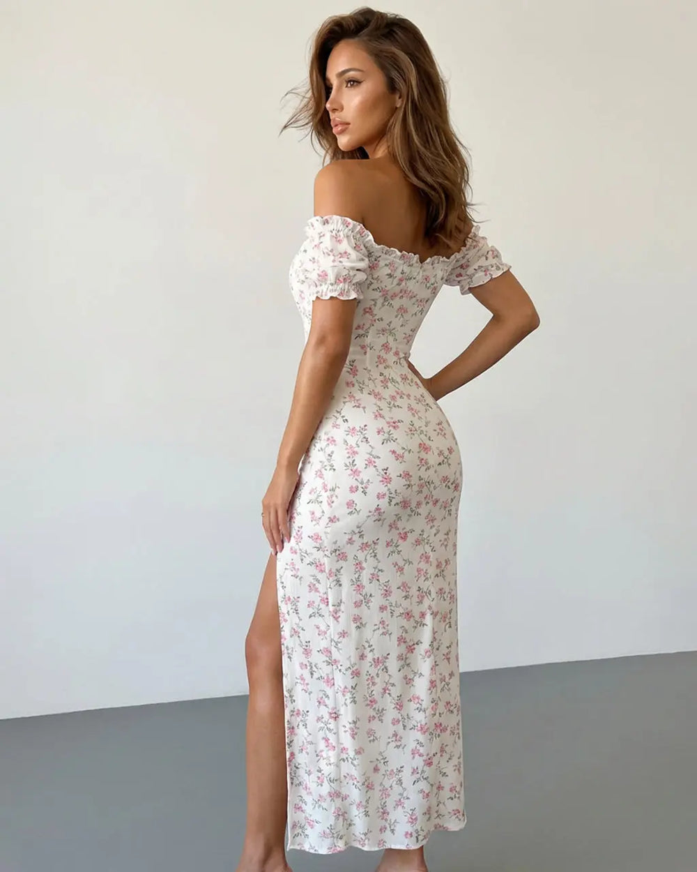 White Pink Floral Print Off-Shoulder Puff Sleeve High Slit Maxi Dress SOLACE