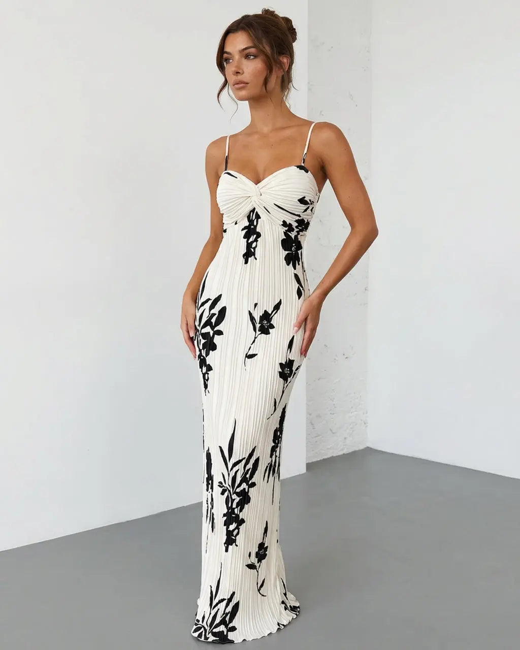 White Black Floral Print Twist Bust Pleated Maxi Dress SOLACE