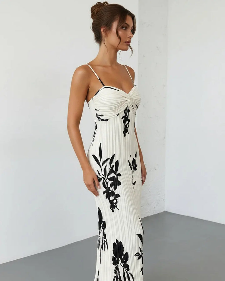 White Black Floral Print Twist Bust Pleated Maxi Dress SOLACE