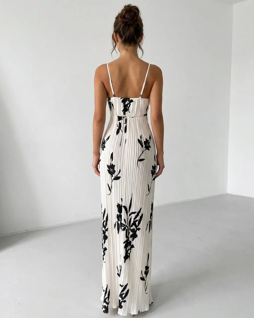 White Black Floral Print Twist Bust Pleated Maxi Dress SOLACE