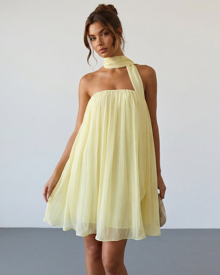 Pale Yellow Halter Tie Neck Pleated Chiffon Mini Dress