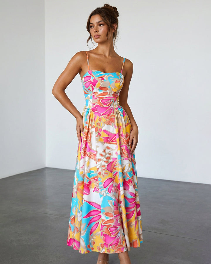 Multicolor Tropical Floral Print Sweetheart Neck Midi Dress