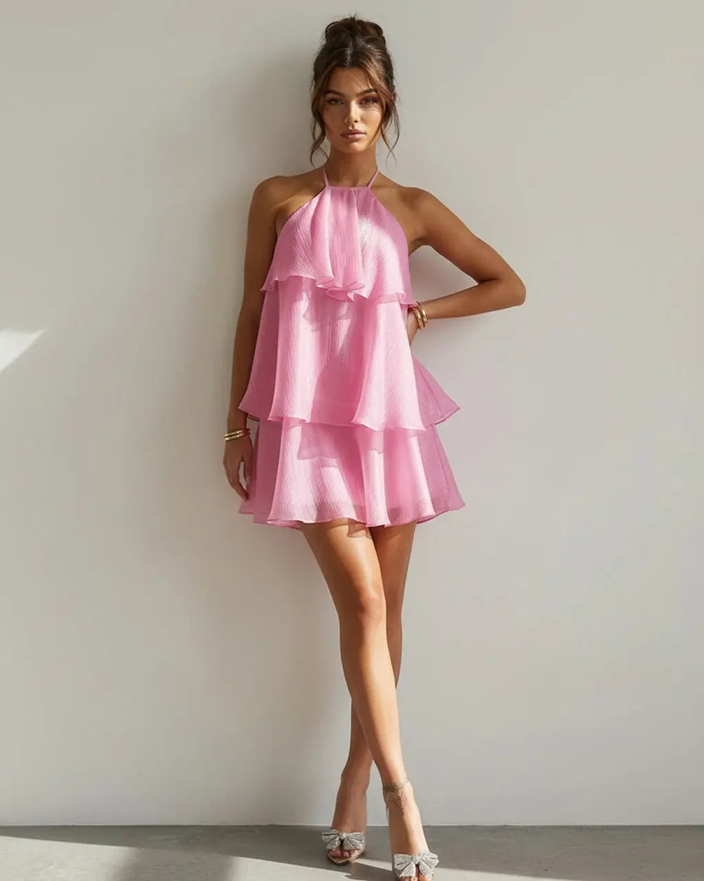 Hot Pink Halter Neck Layered Ruffle Mini Dress SOLACE