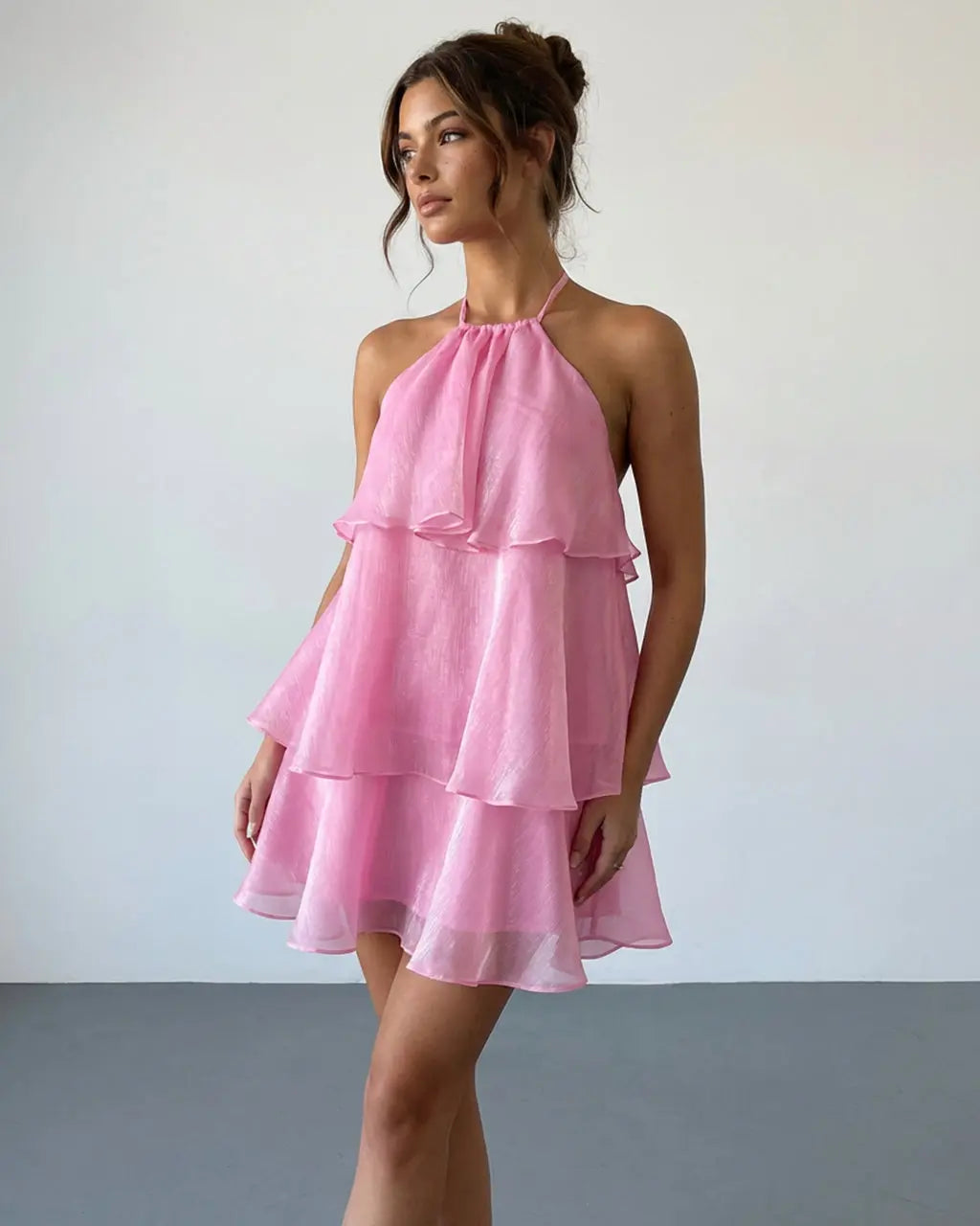 Hot Pink Halter Neck Layered Ruffle Mini Dress SOLACE