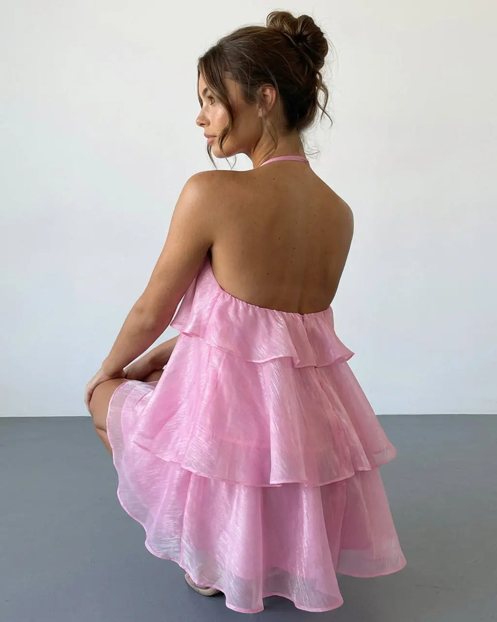 Hot Pink Halter Neck Layered Ruffle Mini Dress SOLACE