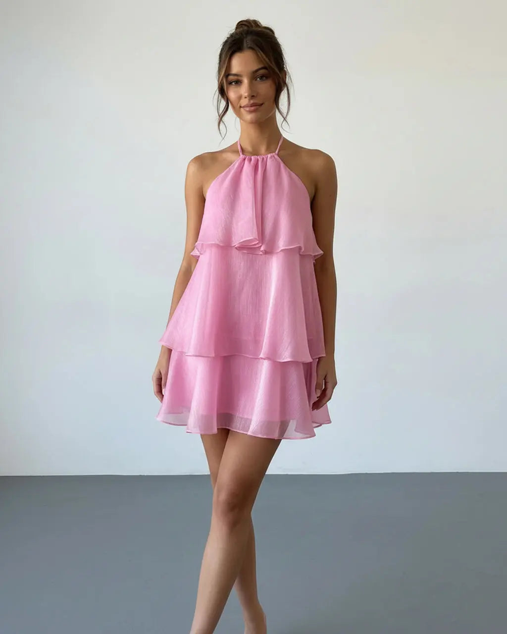 Hot Pink Halter Neck Layered Ruffle Mini Dress SOLACE