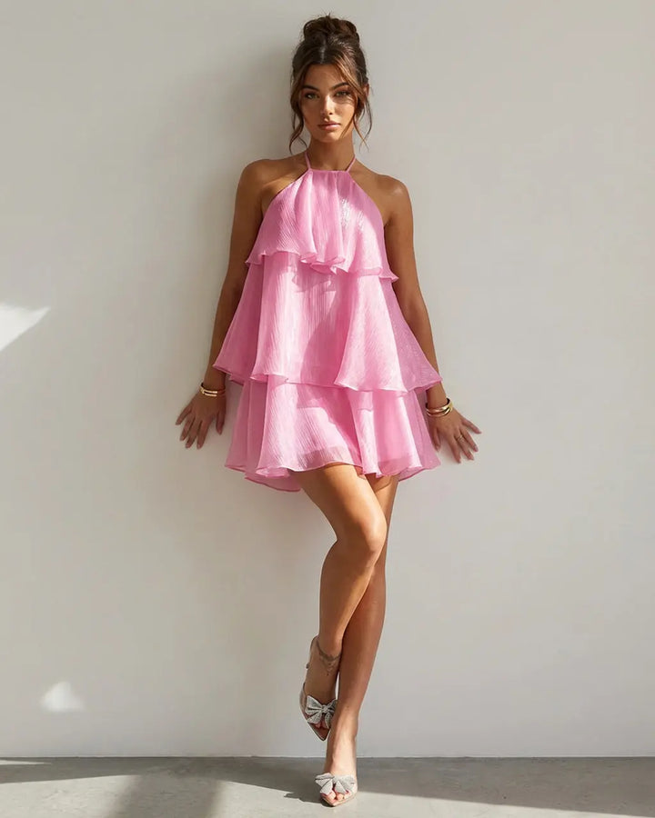 Hot Pink Halter Neck Layered Ruffle Mini Dress SOLACE