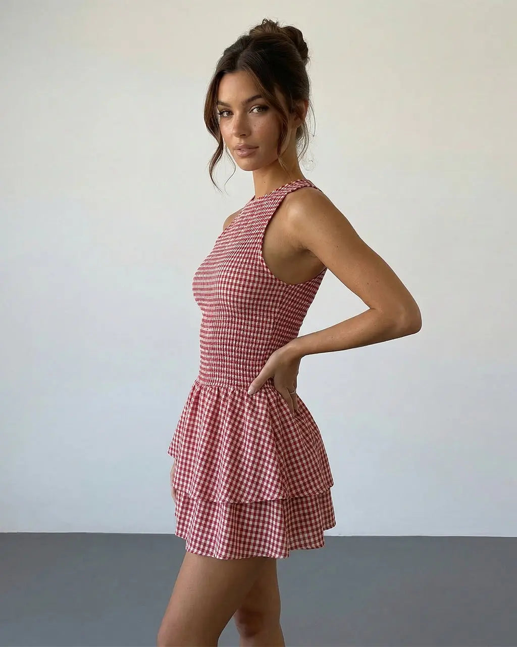 Red Smocked Gingham Tiered Ruffle Slim Fit Mini Dress SOLACE