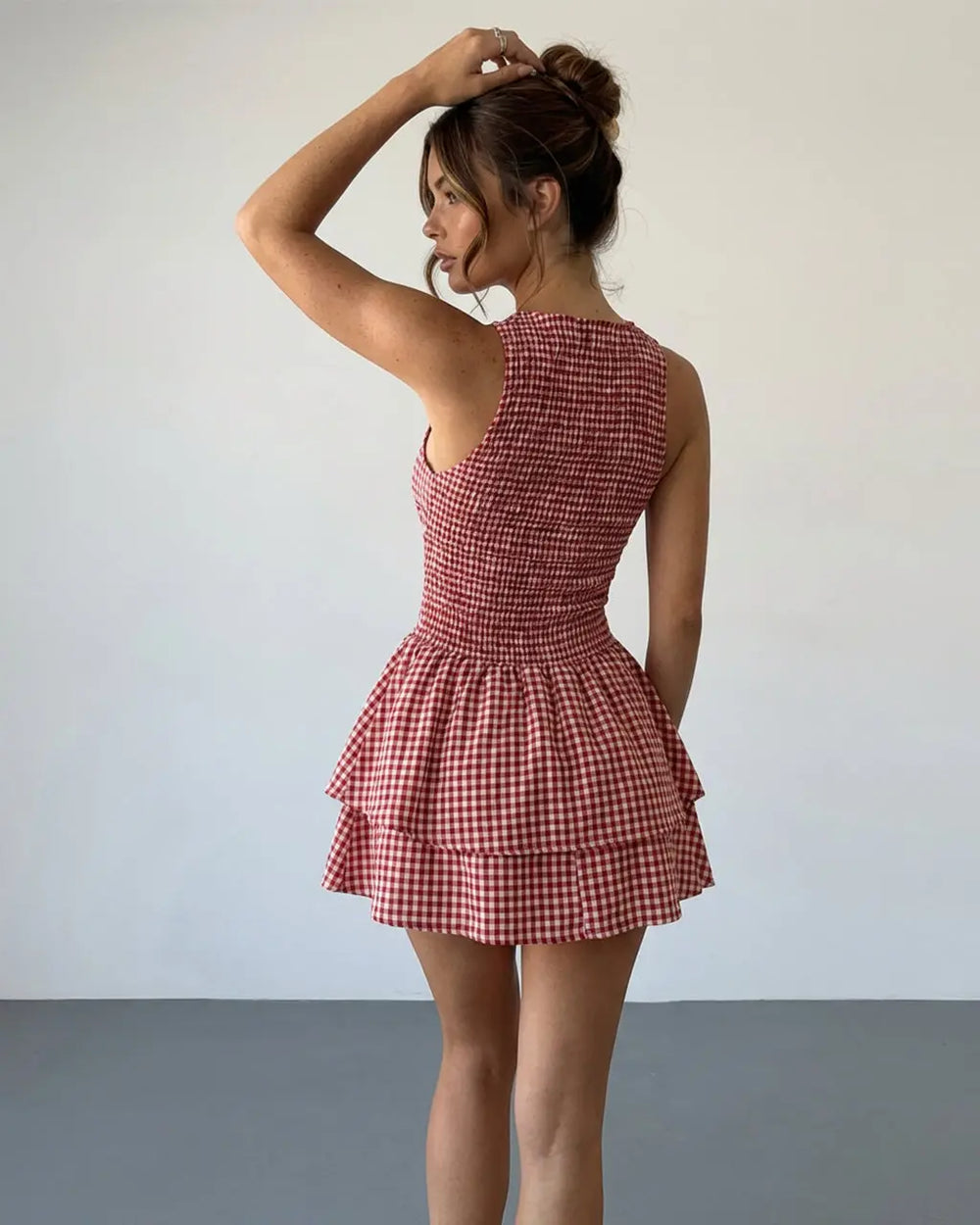 Red Smocked Gingham Tiered Ruffle Slim Fit Mini Dress SOLACE