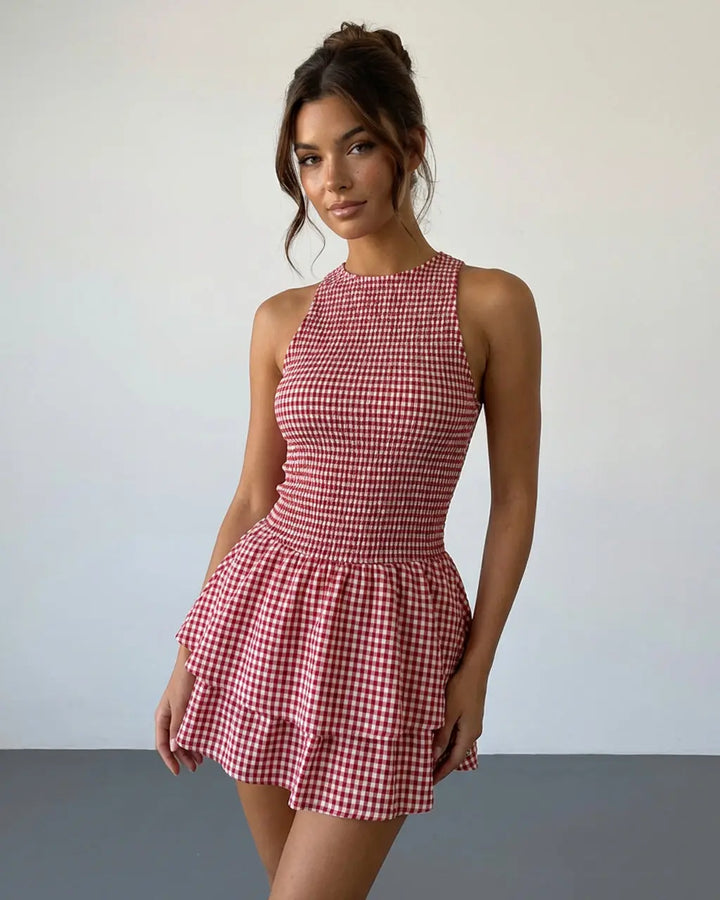 Red Smocked Gingham Tiered Ruffle Slim Fit Mini Dress SOLACE