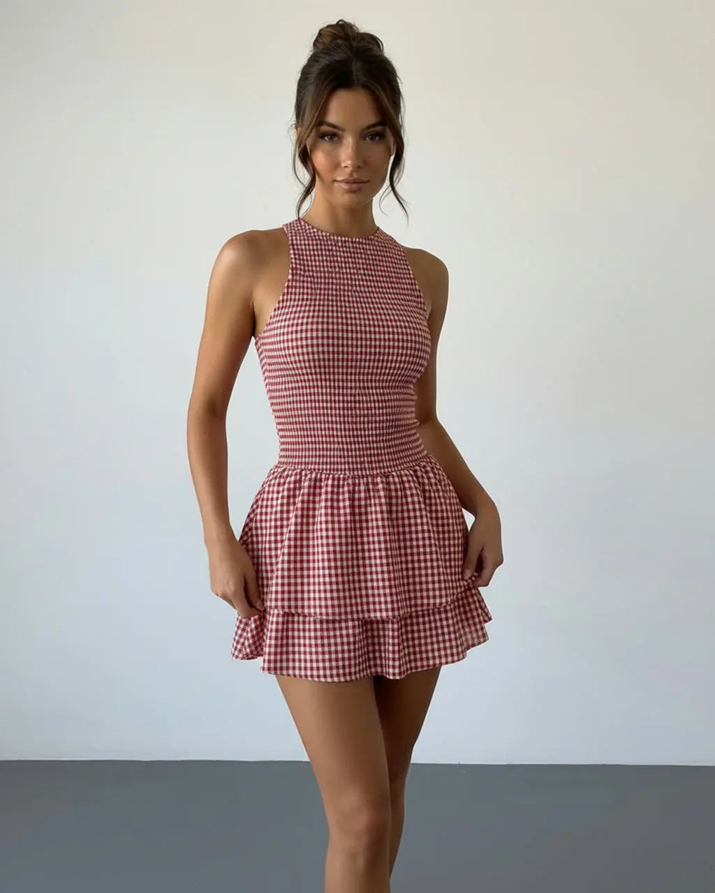 Red Smocked Gingham Tiered Ruffle Slim Fit Mini Dress SOLACE