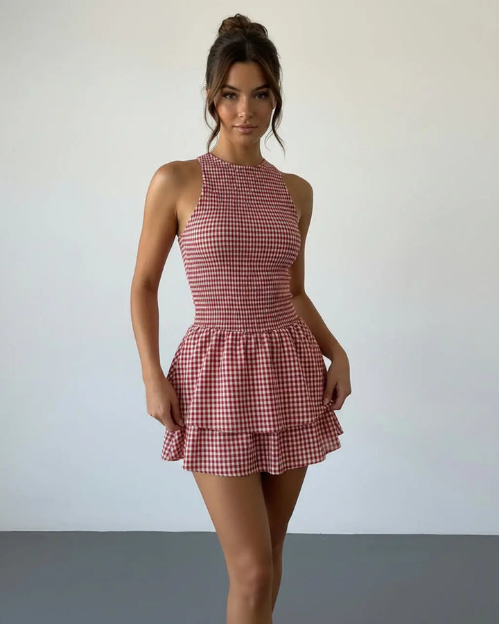 Red Smocked Gingham Tiered Ruffle Slim Fit Mini Dress SOLACE